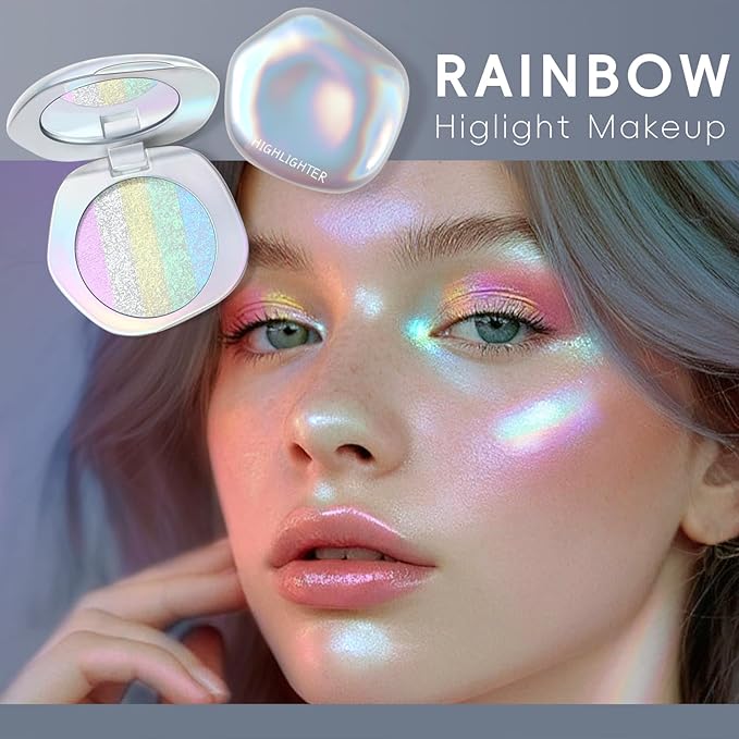 Chameleon Face Highlighter Palette, Glitter Metallic Rainbow Eyeshadow Holographic Sparkling Long Lasting Color Shifting Inner Corner Eye Brightener Illuminator Shimmer Highlighter Makeup-VivaGrace Women