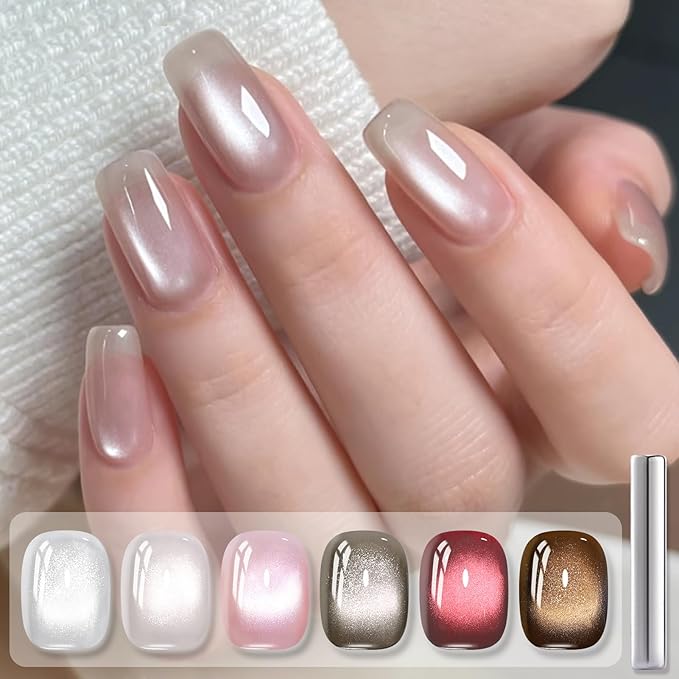 Born Pretty Cat Magnetic Eye Gel Nail Polish, 6 Colors Retro Magnetic Glitter Gel Polish Set Silver Pink Red Nail Polish Kit Soak Off LED Nail Art DIY Salon Gift-VivaGrace Women