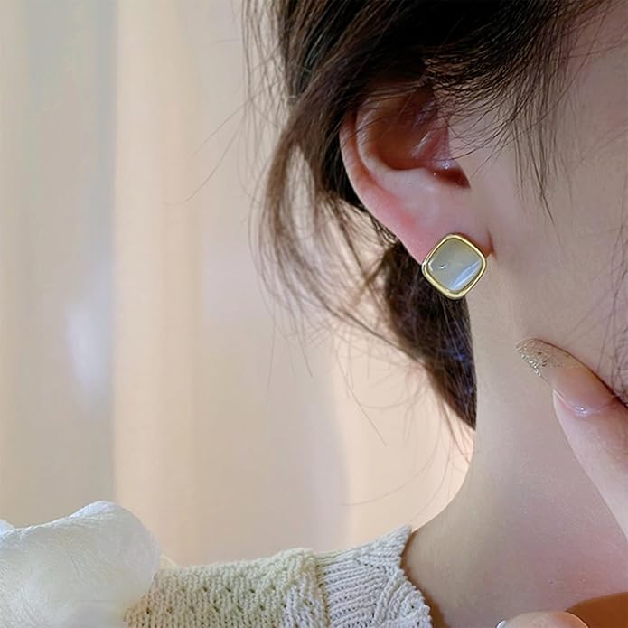 Vintage Square Opal Earrings Opal Square Stud Earrings Moonstone Stud Earrings Geometric Square Earrings Jewelry for Women-VivaGrace Women
