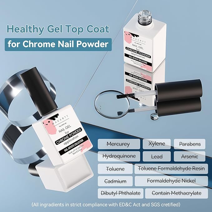 Makartt Gel Top Coat for Chrome Nail Powder - 2 Pcs 15ml Clear No Wipe High Gloss Top Coat Gel Nail Polish Mirror Shine Long Lasting Easy Application, Soak off UV Lamp, DIY Home Salon Art Design-VivaGrace Women