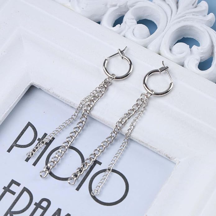 Vintage Layered Chain Dangle Earrings Long Chain Hoop Huggie Earrings Silver Curb Chain Stud Earrings Tassel Chain Drop Earrings Jewelry for Women-VivaGrace Women