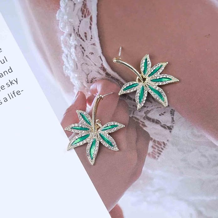 Vintage Emerald Pot Leaf Earrings Green Leaf Drop Earrings Green Marijuana Leaf Earrings Gold Cz Leaf Dangle Earrings Jewelry for Women-VivaGrace Women