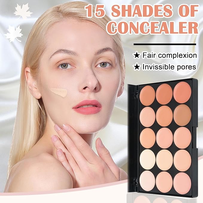 15 Colors Correcting Concealer Contour Palette,Cream Contour Makeup Palette with Brush,Contouring Liquid Foundation Concealer Palette Highlighting Makeup Kit for Conceals Dark Circles,Blemish-VivaGrace Women