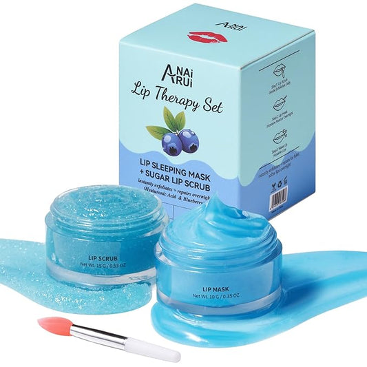 ANAI RUI Lip Therapy Set, Lip Scrub & Lip Mask, Overnight Moisturizing Lip Care Kit, Suagr Lip Exfoliator and Lip Sleeping Mask for A Soft Lips, Lip Gift Set for Dry, Chapped, Dark Lips, Blueberry-VivaGrace Women