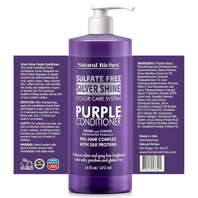 Natural Riches Radiant Silver Shine Purple Shampoo and Conditioner Set for Gray Hair - Paraben-Free and Color Safe – With Silk Proteins, Tones Dull Hair, Softens & Adds Shine - 16 fl oz-VivaGrace Women
