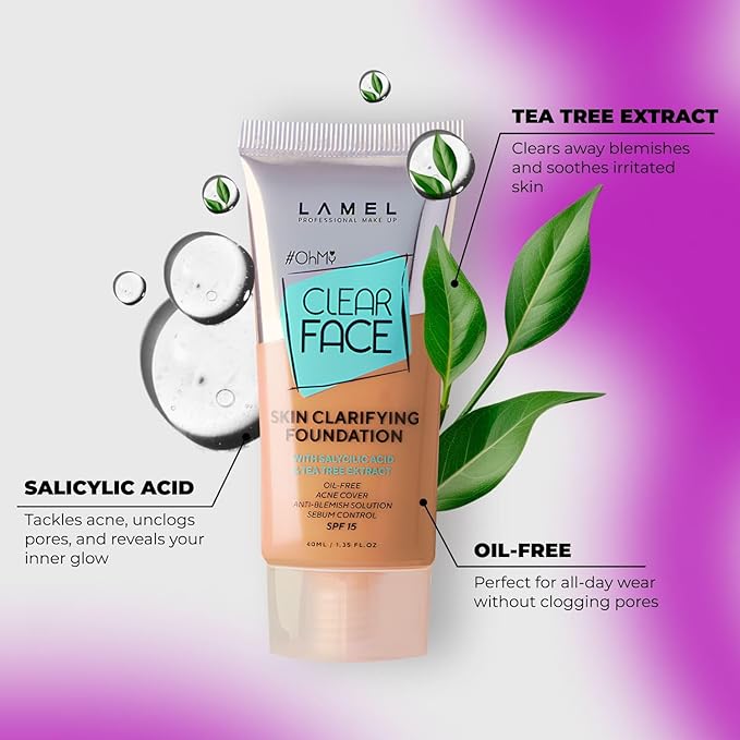 Lamel- Oh my Clear Face Foundation- SPF15-407 Meiduim Tan | Contains tea tree extract and salicylic acid |Controls sebum production |Anti-blemish formula |SPF 15 |Oil free foundation | 40ml-VivaGrace Women