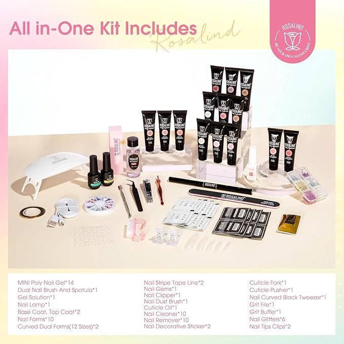 ROSALIND Poly Nail Gel Kit -14 Colors Nail Art Accessories kit Clear Nude Nail Extension Gel Starter with Slip Solution White Nude Pink Nail Extensions Gels Set with Mini UV Lamp-VivaGrace Women