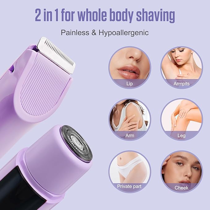 2 in 1 Bikini Trimmer for Women Dual Head Electric Shaver with LED Display,IPX7 Waterproof Wet & Dry, Painless Shaver for Underarm Leg Arm Body Face Private Area Purple-VivaGrace Women