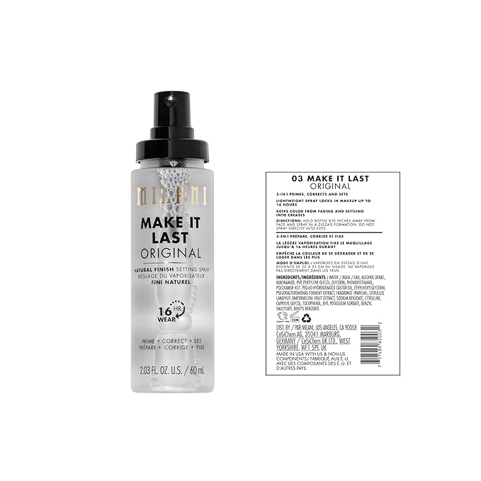 Milani Make It Last Original - Natural Finish Setting Spray 3-in-1 Setting Spray and Primer- Prime + Correct + Set Makeup Finishing Spray and Primer - Long Lasting Makeup Primer and Spray 2.03 Fl. Oz-VivaGrace Women
