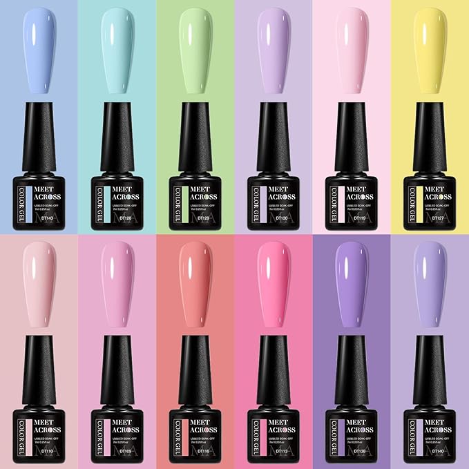MEET ACROSS 12pcs Gel Nail Polish Set,Soak Off UV LED Lamp Gel Nail Polish Kit,Fashion Shimmer Nail Art Design Gifts for Women Manicure Salon (candy color)
