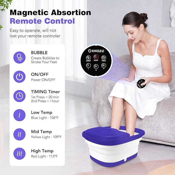 Collapsible Foot Spa with Heat, Remote Control, Temperature Control, Bubbles, Pumice Stone, Red Light, Timer, 16 Massage Roller Pedicure Foot Bath Tub Foot Soaker for Feet Stress Relief, Purple-VivaGrace Women