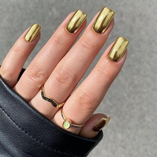 Gold Chrome Square Press on Nails Short Medium,KQueenest Mirror Metal Plating False Acrylic Nails Press Ons,Metallic Fake Nails,Natural Fit Glue on Nails Medium Length for Women