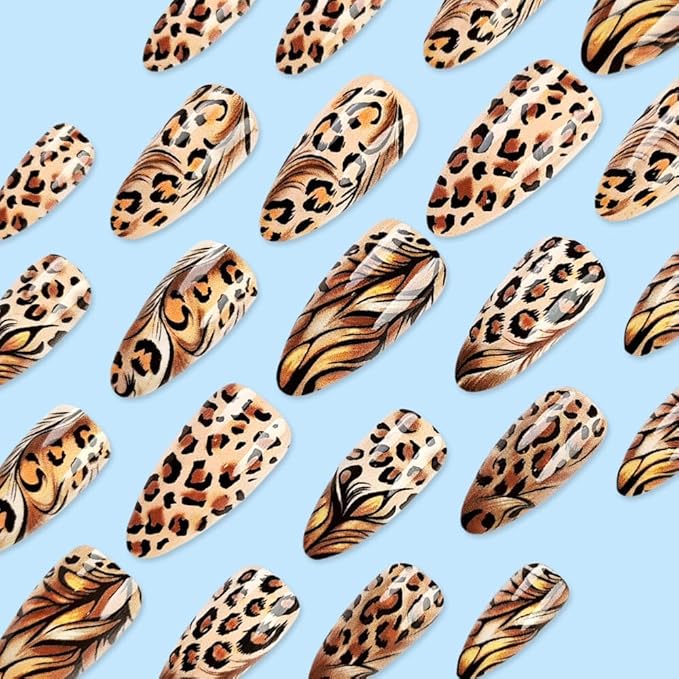 Leopard Press on Nails Medium Almond Fake Nails Fall False Nails with Design Cheetah Glue on Nails Glossy Reusable Summer Nails for Women Girls Manicure 24pcs