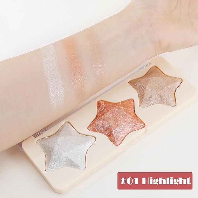 Boobeen 3 Colors Baked Shimmer Highlight & Blush Palette, Powder Palette Facial Bronzers Illuminator Makeup Palette, Lightweight Highlighter Blusher Contour for Cheeks, Lasting Natural Glowing-VivaGrace Women