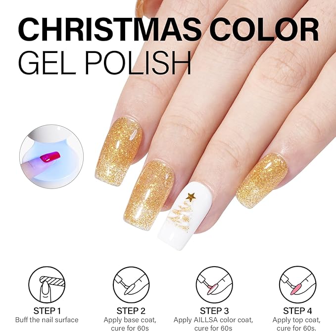 AILLSA Christmas Nail Polish Set White Red Sparkle Polish with Base and Top Coat, Dark Green Gold Glitter Polish Soak Off U V Starter Kit for Art Salon DIY