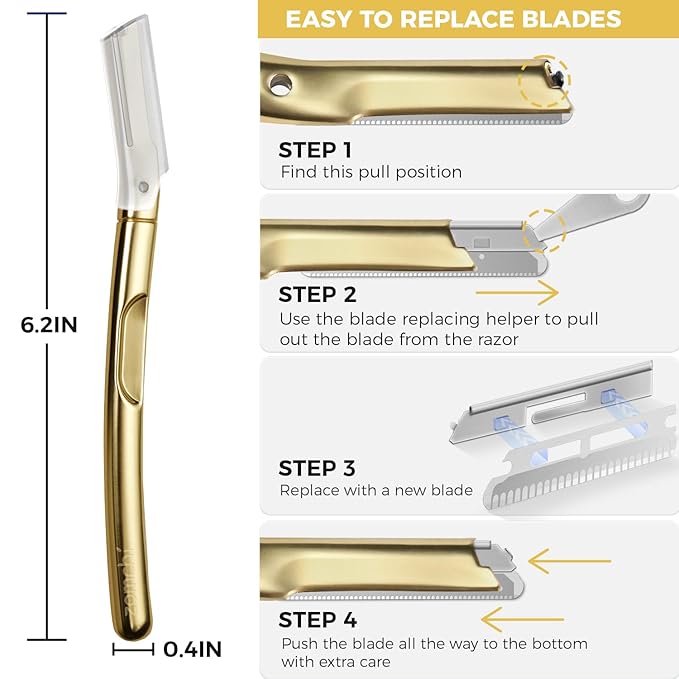 ZOMCHI Dermaplane Razor with 11 Blades for Women & Men, Eyebrow Trimmer with Protective Silicone Cap, Face Razor for Hair Removal - Matte Gold-VivaGrace Women