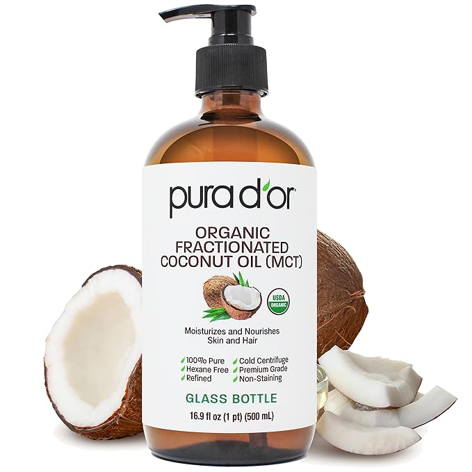 PURA D'OR 16.9 Oz ORGANIC Fractionated Coconut Oil MCT Oil (GLASS BOTTLE) 100% Pure & Natural USDA Certified Cold Pressed - Unscented, Hexane Free Moisturizer For Face, Skin & Hair Tonic - Men & Women-VivaGrace Women