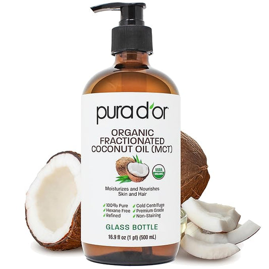 PURA D'OR 16.9 Oz ORGANIC Fractionated Coconut Oil MCT Oil (GLASS BOTTLE) 100% Pure & Natural USDA Certified Cold Pressed - Unscented, Hexane Free Moisturizer For Face, Skin & Hair Tonic - Men & Women-VivaGrace Women