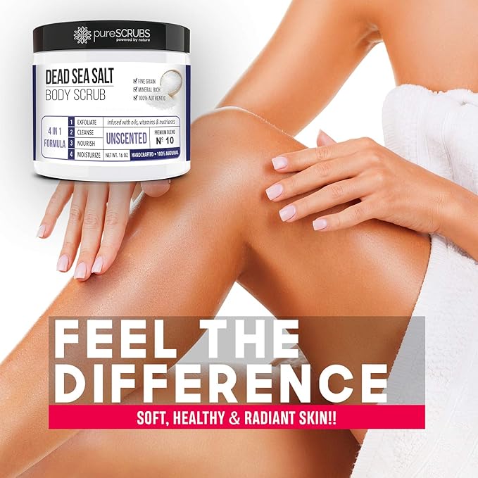 pureSCRUBS Premium Unscented Body Scrub Set - Large 16oz Dead Sea Salt Body Scrub With Infused Essential Oils & Nutrients, Includes Wooden Spoon, Loofah & Oatmeal Exfoliating Bar Soap-VivaGrace Women