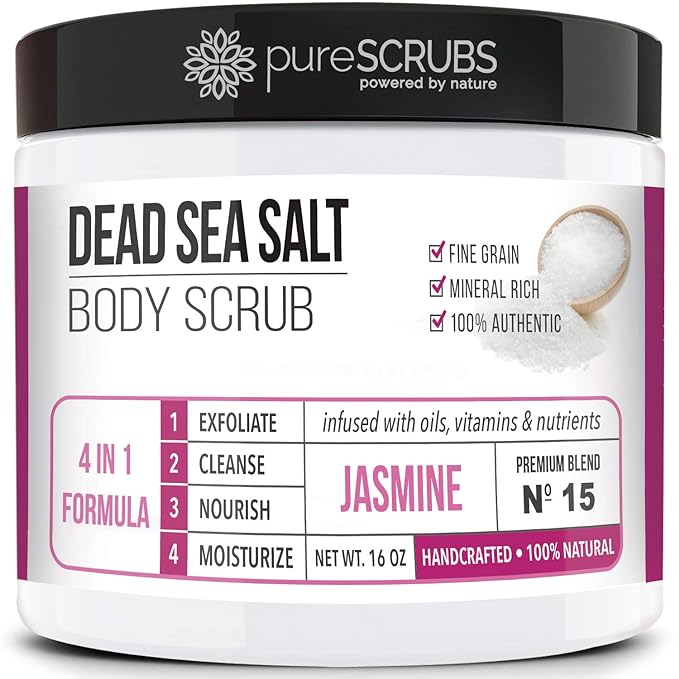 pureSCRUBS Premium Jasmine Body Scrub Set - Large 16oz Dead Sea Salt Body Scrub With Infused Essential Oils & Nutrients Includes Wooden Spoon, Loofah & Oatmeal Exfoliating Bar Soap-VivaGrace Women