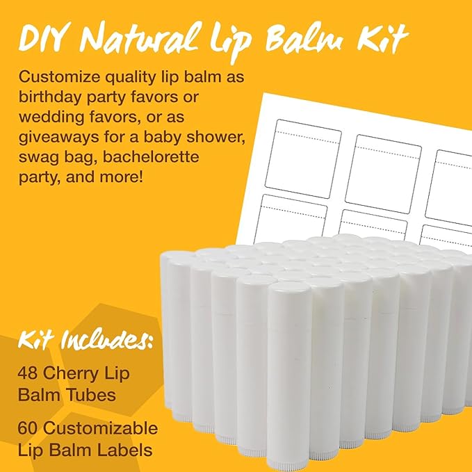 Nature's Bees - DIY Bulk Lip Balm Kit, Natural Cherry Flavor - 48 Blank Lip Balm Tubes w/ 60 Labels - Easy to Use - Customizable Templates - Beeswax, Cocoa Butter, Coconut Oil, Aloe - .15 oz (4.2g)-VivaGrace Women