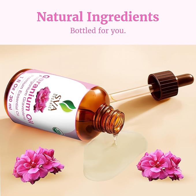 SVA Geranium Essential Oil Organic – 1 Fl Oz – 100% Natural Organic Geranium Oil - for Diffuser, Hair Care, Face, Skin Care, Aromatherapy, Scalp and Body Massage, Soap and Candle making – with Dropper-VivaGrace Women
