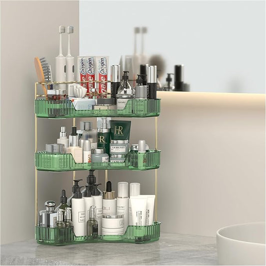 3 Tier Corner Bathroom Organizer Countertop, Vanity Makeup Organizer with Brush Holder, Space-Saving Skincare Storage Corner Shelf for Bathroom, Dressing Table, Kitchen-VivaGrace Women