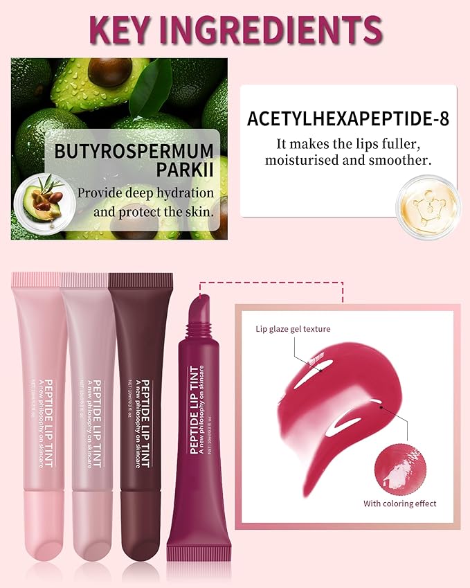 Tinted Lip Balm-2Pcs Pink Brown Peptide Hydrating Lip Tint Moisturizer,Jelly Glossier Lip Treatment Balm,Non-Stick Glow Reviver Lip Care Oil,Yummy Glowy Lip Gloss,Thanksgiving Makeup for Women-01+03-VivaGrace Women