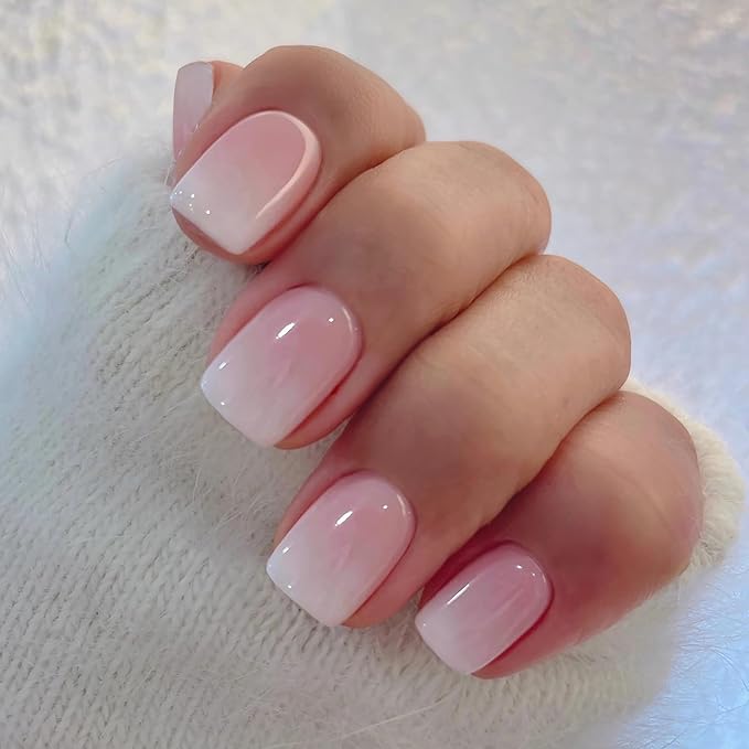 Press on Nails Square - French Ombre Pink Fake Nails Short Acrylic Full Cover Glue on Nails in 12 Sizes - 24 Piece Nail Kit，Natural Fit for Women & Girls Daily Wear