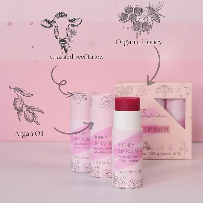 Organic Honey Lip Balm - 100% Grassfed Beef Tallow Chapstick for Women, Natural Raw Honey & Argan Oil - Ultra Moisturizing, Conditioning, Chemical Free - 3 Pack (3x0.28 oz) Tinted-VivaGrace Women