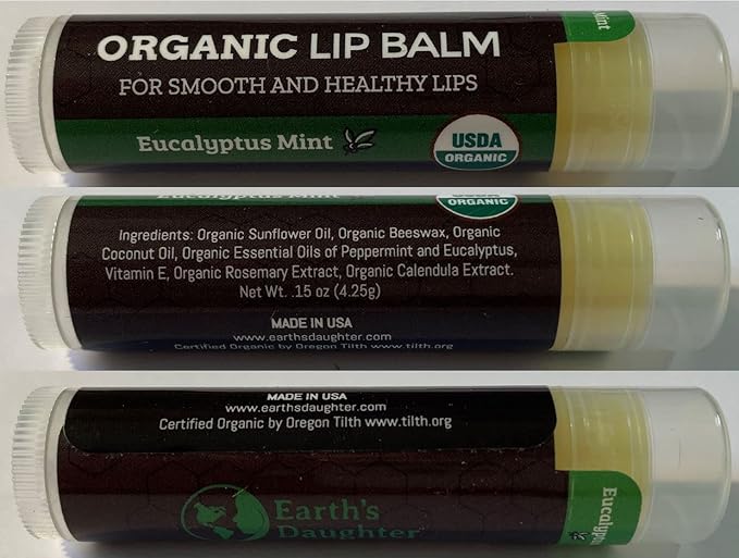 USDA Organic Lip Balm 4-Pack by Earth's Daughter - Eucalyptus Mint Flavor, Beeswax, Coconut Oil, Vitamin E - Best Lip Repair Chapstick for Dry Cracked Lips.-VivaGrace Women