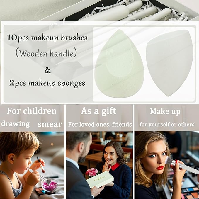 Gift Ready 10 Piece grayish green Makeup Brushs Set and 2 Piece Makeup Sponge – Wooden Handle with Soft Synthetic Bristles, Concealer, Powder – (Ideal for Christmas, Birthday, Women)-VivaGrace Women