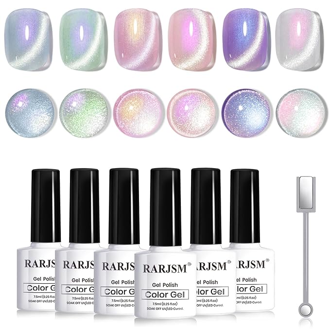 RARJSM Sparkle Diamond Pearl Cat Eye Gel Nail Polish Set 6pcs Velvet Silver Shimmer Pink Green Blue Purple White Glitter Mermaid Swirl Shell Thread Effect with Magnet Stick UV LED Curing Requires-VivaGrace Women