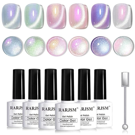 RARJSM Sparkle Diamond Pearl Cat Eye Gel Nail Polish Set 6pcs Velvet Silver Shimmer Pink Green Blue Purple White Glitter Mermaid Swirl Shell Thread Effect with Magnet Stick UV LED Curing Requires-VivaGrace Women