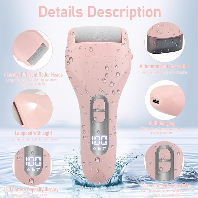 Electric Callus Remover for Feet - with 9pcs Larger Grinding Head, Portable Pedicure Kit Foot File Callus Remover, Rechargeable Waterproof Foot File for Foot Care Deadskin Remover LCD Display-Pink-VivaGrace Women