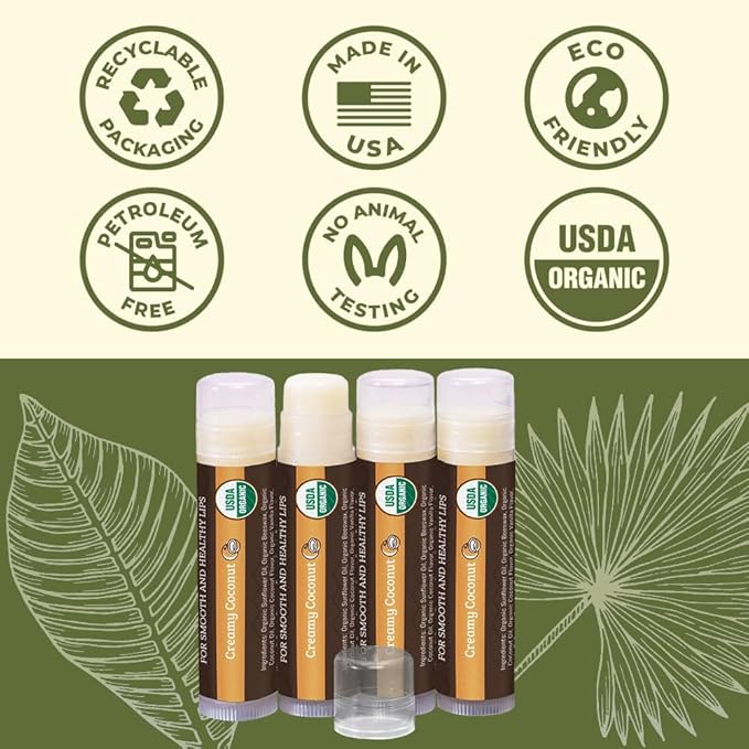 USDA Organic Lip Balm 4-Pack by Earth's Daughter - Creamy Coconut Flavor, Beeswax, Coconut Oil, Vitamin E - Best Lip Repair Chapstick for Dry Cracked Lips-VivaGrace Women