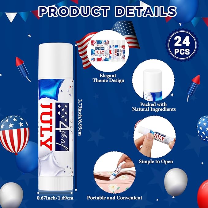 24 Pcs SPF 30 Lip Balm Bulk for Summer Wedding Baby Shower 4th of July Party Sunscreen Lip Balm Sticks Outdoor Travel Sunscreen Care Lip Balm for Thank You Gifts Party Supplies (4th of July)-VivaGrace Women