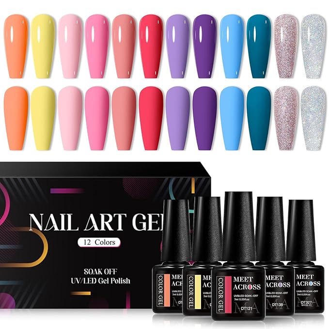 MEET ACROSS 12pcs Gel Nail Polish Set,Soak Off UV LED Lamp Gel Nail Polish Kit,Fashion Shimmer Nail Art Design Gifts for Women Manicure Salon (multi-colored)
