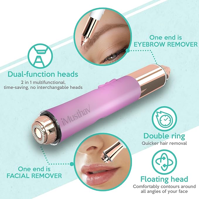 2 in 1 Eyebrow and Facial Hair Remover for Women Painless Flawless Electric Razor Epilator Trimmer Shaver with 18K Gold-Plated, USB Rechargeable, 360° LED for Eyebrow and Face Hair Removal-VivaGrace Women