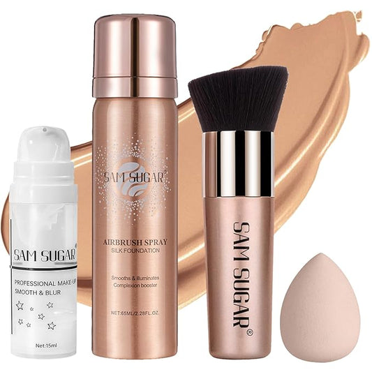 AirBrush Foundation Spray Set, Spray Foundation Makeup and Hydrating Face Primer Kit, Longwear Waterproof Liquid Matte Foundation Mist for Flawless Look, Brush and Sponge Include (#6 Sunny Beige)-VivaGrace Women