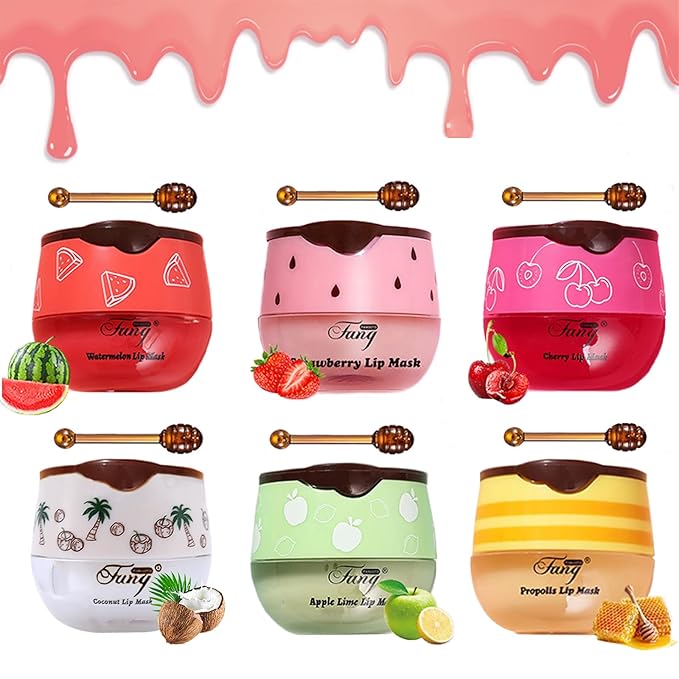 6PCS Bee Lip Balm Honey Pot，Honey&Strawberry&Watermelon&Cherry&Apple&Coconut Lip Mask Overnight Propolis Moisturizing Lip Balm Hydrating Prevention Dry and Crack Lip Scrubs Exfoliator Lip Wrinkle Care-VivaGrace Women