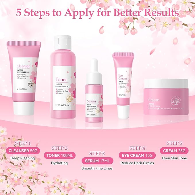 Skin Care Set, Cherry Blossom Skin Care Sets & Kits, Skin Care for Teenage Girls Gift Set with Cleanser, Toner, Serum, Eye Cream, Facial Cream, Facial Skin Care Sets & Kits for Teenage Girls Women-VivaGrace Women