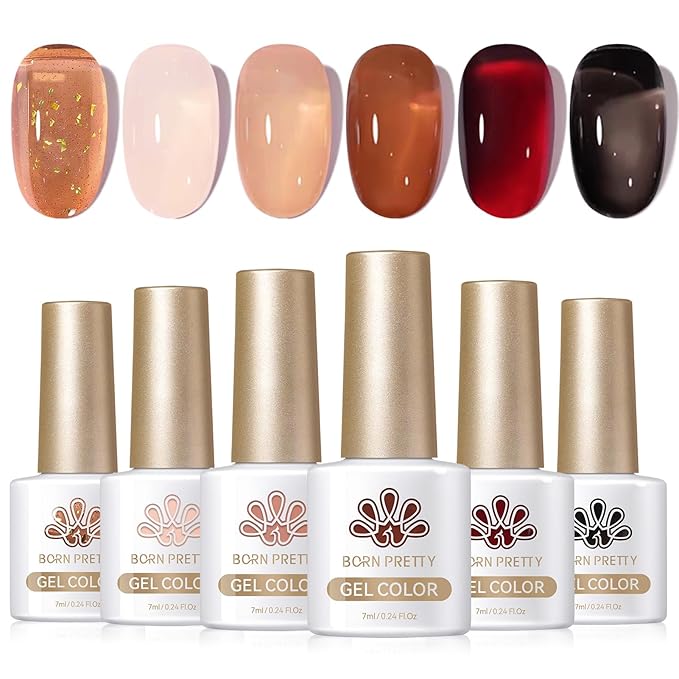 Born Pretty Jelly Gel Nail Polish Set Fall Winter Brown Blood Red Burgundy Black Gel Polish Sheer Milky Nude Transparent Halloween Gel Polish Set Nail Art Varnish Manicure Collection Gift 7ML 6PCS-VivaGrace Women