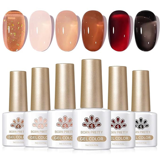 Born Pretty Jelly Gel Nail Polish Set Fall Winter Brown Blood Red Burgundy Black Gel Polish Sheer Milky Nude Transparent Halloween Gel Polish Set Nail Art Varnish Manicure Collection Gift 7ML 6PCS-VivaGrace Women