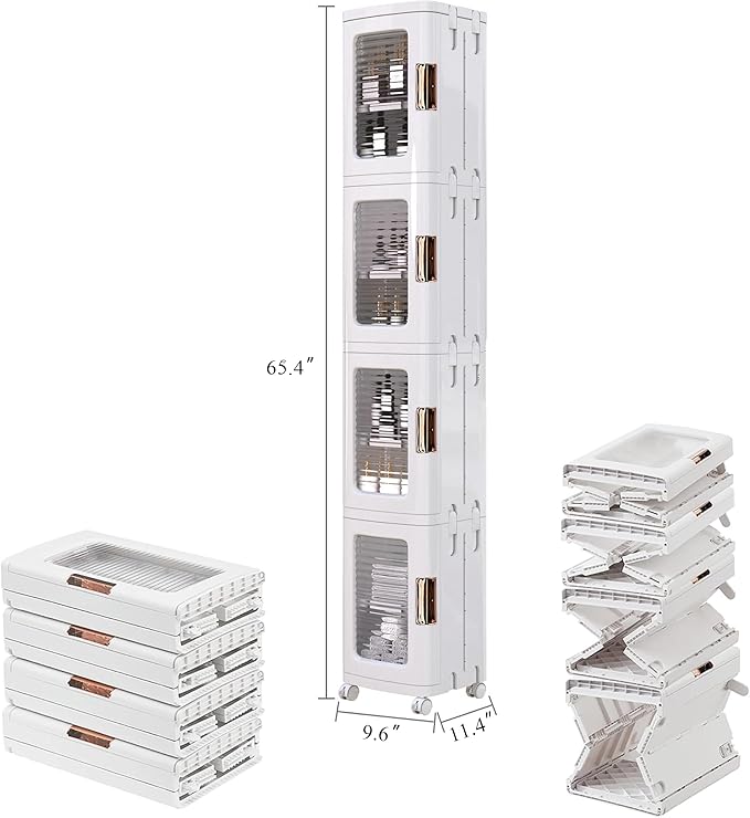 VECELO 4-Tier Plastic Tall Narrow Storage Cabinet with Movable Wheels, Adjustable Shelves, Magnetic Doors, Slim Bathroom Organizers and Storage for Small Space, Bathroom, Kitchen, Laundry, White-VivaGrace Women