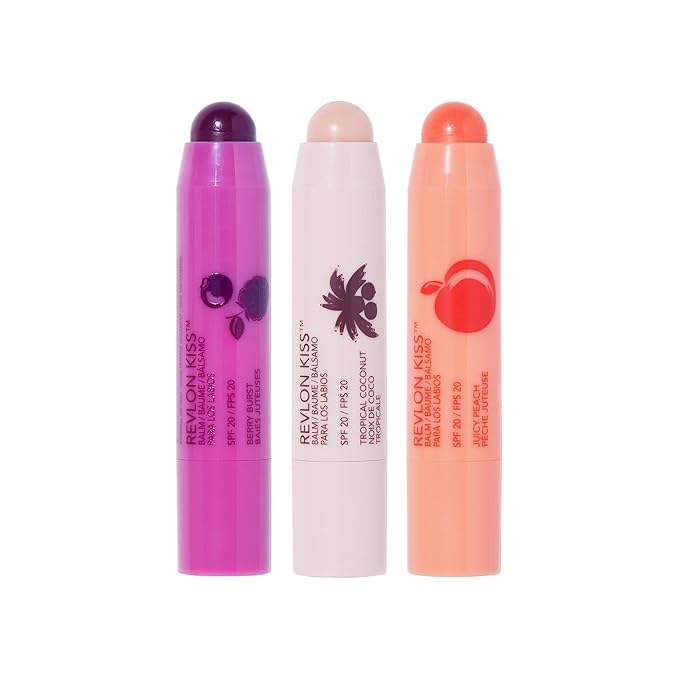 Revlon Lip Balm, Kiss Tinted Lip Balm, Face Makeup with Lasting Hydration, SPF 20, Infused with Natural Fruit Oils, 3 Piece Set, Juicy peach, Berry Burst & Coconut, 0.09 Oz-VivaGrace Women
