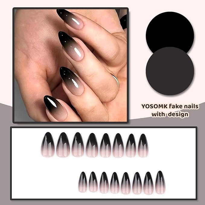 Ombre Black Fake Nails Medium Almond Press on Nails with Designs False Nails Glossy Glue on Artificial Nails for Women and Girls