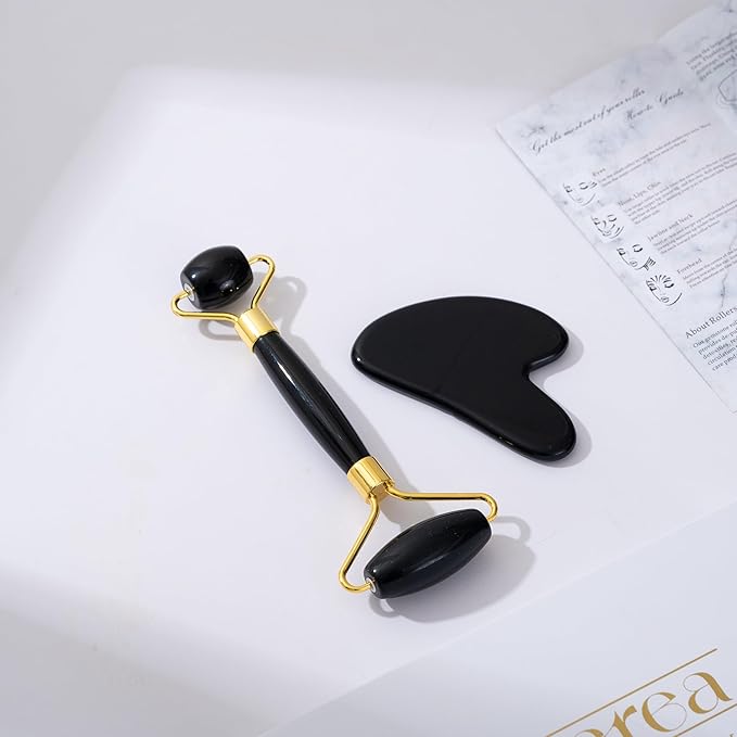 Yssarea Obsidian Roller and Gua Sha - Face Roller | 100% Natural Obsidian Stone Set | Dual Sided Face Massager | Reduces Signs of Aging, Black-VivaGrace Women