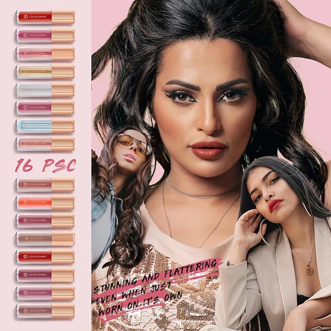 Color Nymph 16 PCS Lip Glosses Collection, Shimmery Lip Glosses for Women and Girls, Long Lasting Color Lip Gloss Set with Rich Varied Colors (Iridescent Pink)-VivaGrace Women