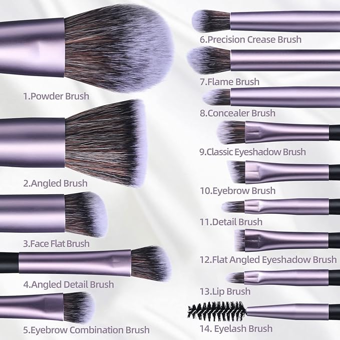 BS-MALL Travel Makeup Brush Set Foundation Powder Concealers Eye Shadows Makeup Set with LED light Mirror 14 Pcs (Purple)-VivaGrace Women